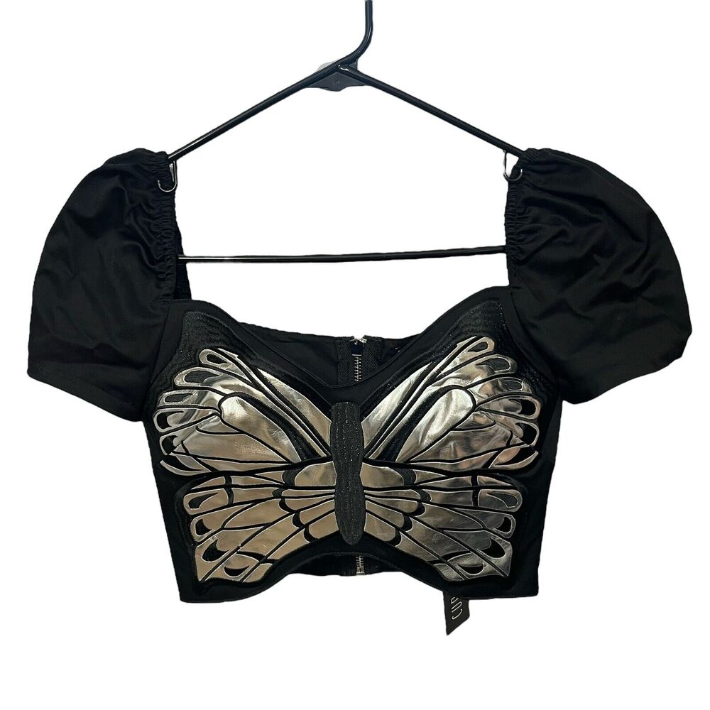 Dolls Kill Current Mood Butterfly Crop Top Rave Festival Goth Puff Sleeve